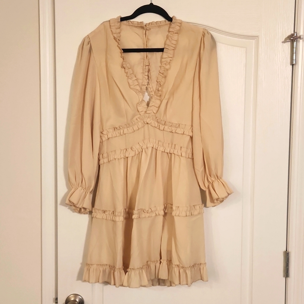 Beige Lowcut Ruffle Open-Back Dress